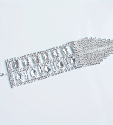 Elegant Bo ho Style Rhinestone Tassel Bracelet, Multi-Layer Copper Chain, Large Shiny Crystal Embellished