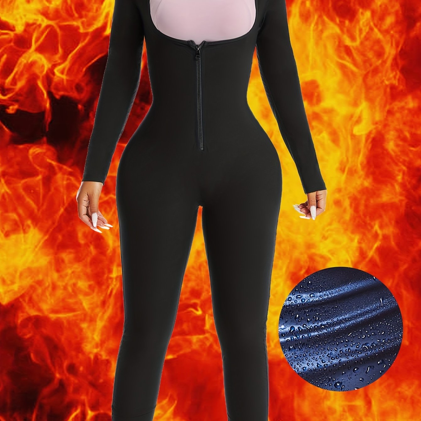 [Workout Jumpsuit] Women's Full-Zip Long Sleeve & Pants Workout Jumpsuit - Full-Body Bodysuit with Tummy Control, Sweat-Wicking Gym Suit for Running, Sauna, Spa, Swimming - Machine Washable Athletic One-Piece (No Underwear Ne