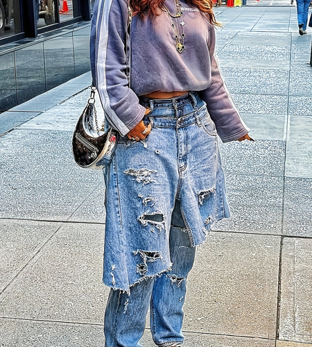 Edgy, Deconstructed Jeans  Women's 2-in-1 Low Rise Vintage Wash & Asymmetric Distressed Rips - Edgy Streetwear Denim Pants