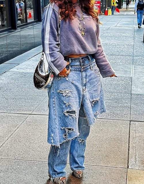 Load image into Gallery viewer, Edgy, Deconstructed Jeans  Women&#39;s 2-in-1 Low Rise Vintage Wash &amp; Asymmetric Distressed Rips - Edgy Streetwear Denim Pants
