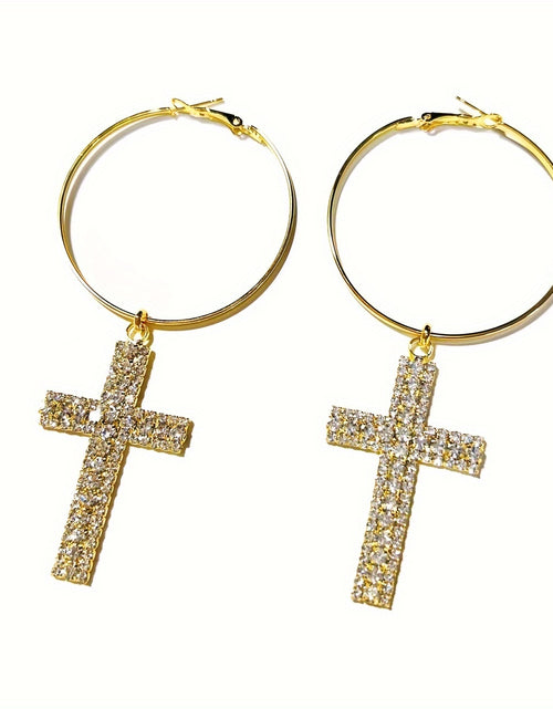 Load image into Gallery viewer, 1 Pair Elegant Cross Earrings Rhinestone Hoop Earrings, Bohemian Alloy Glittering Large Dangle Earrings,
