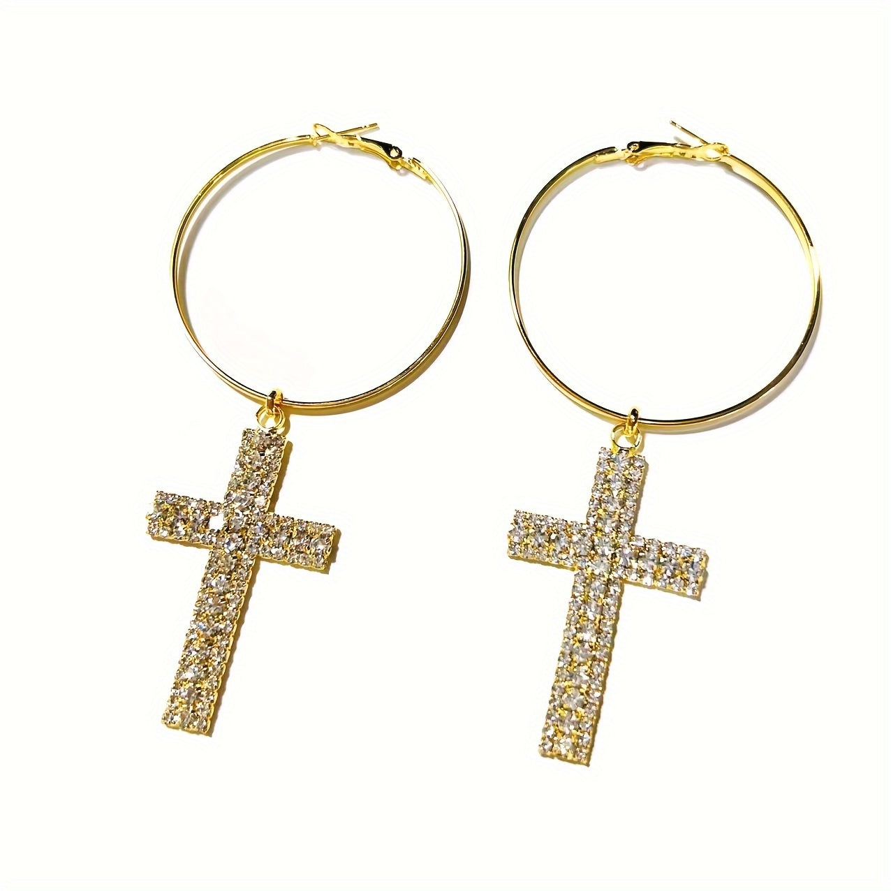1 Pair Elegant Cross Earrings Rhinestone Hoop Earrings, Bohemian Alloy Glittering Large Dangle Earrings,