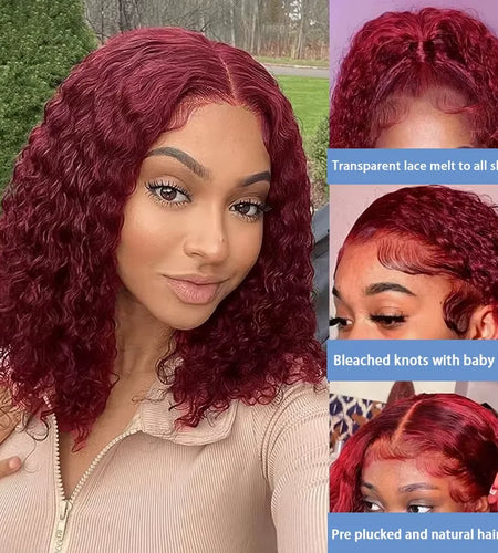 Burgundy 99J Deep Wave Short Bob Wigs 100% Human Hair Wig Water Curly Wig Baby Hair 3x4 Lace Front Human Hair Wig For Women