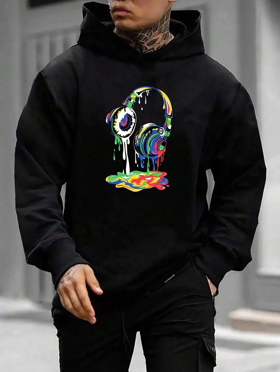Graffiti Art Headphone Print High Quality Loose, Soft and Breathable Men's Trendy Street Style Hoodie
