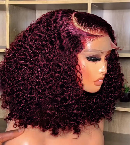 Burgundy 99J Deep Wave Short Bob Wigs 100% Human Hair Wig Water Curly Wig Baby Hair 3x4 Lace Front Human Hair Wig For Women