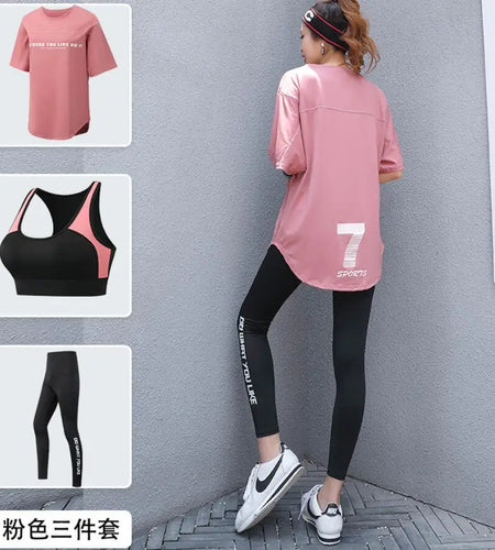 Plus Size Women Yoga Sets Loose T Shirt+Bra+Leggings Fitness Gym Suits Breathable Sports Running Clothing Tracksuit