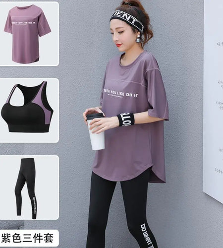 Plus Size Women Yoga Sets Loose T Shirt+Bra+Leggings Fitness Gym Suits Breathable Sports Running Clothing Tracksuit