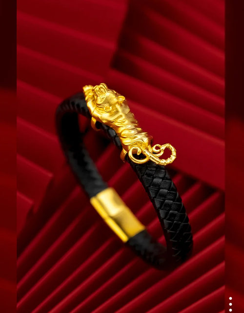 Load image into Gallery viewer, Fine Jewelry Real 18K Gold Twisted Leather Rope Leopard Bracelet for Man
