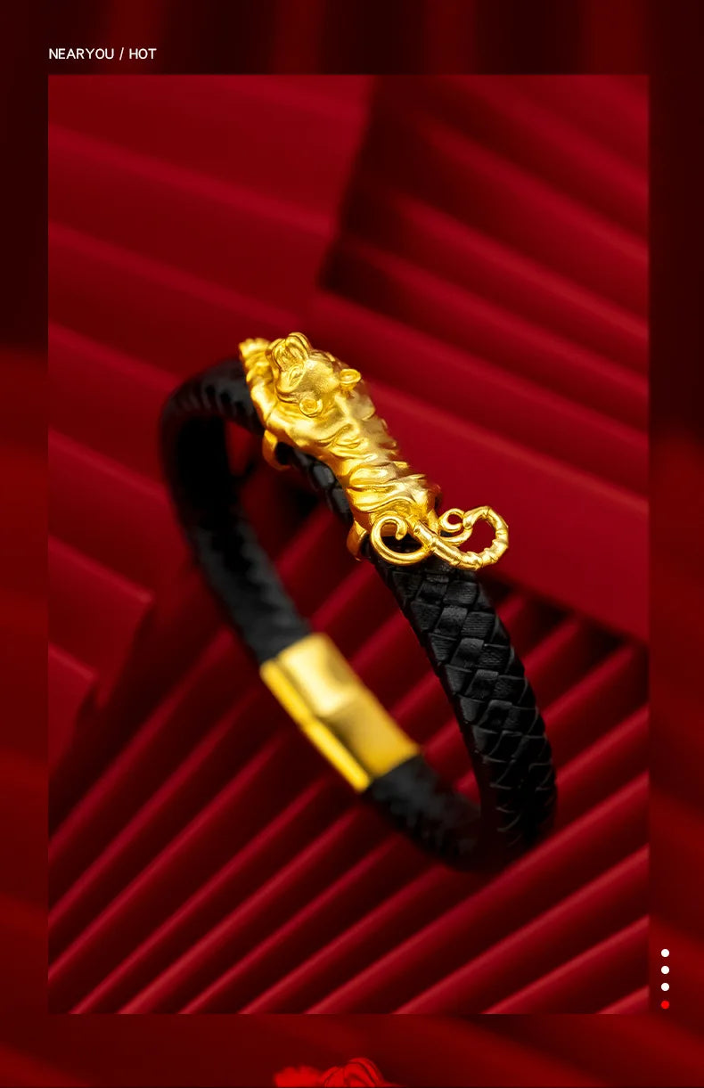 Fine Jewelry Real 18K Gold Twisted Leather Rope Leopard Bracelet for Man