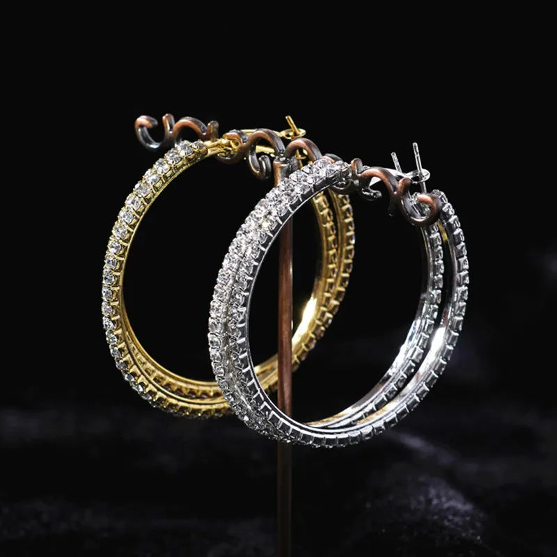 Shiny Big Rhinestone Hoop Earrings for Women Statement Round Circle Earrings Hoop