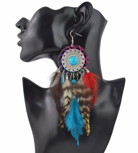 Tribal Big Bohemian Feather Dangle Earring  Tassel Drop Earrings for Women