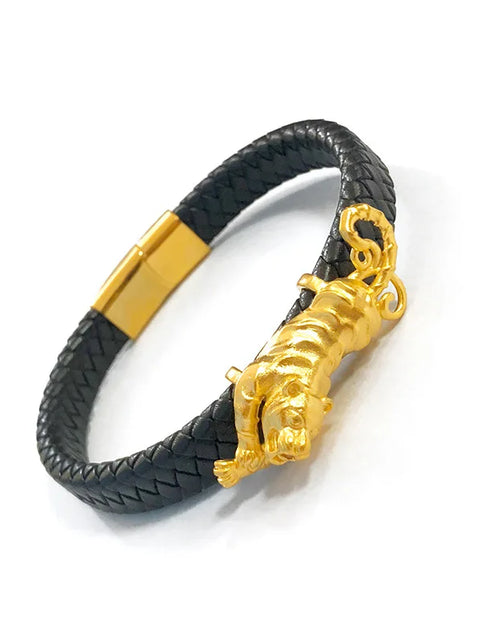 Load image into Gallery viewer, Fine Jewelry Real 18K Gold Twisted Leather Rope Leopard Bracelet for Man
