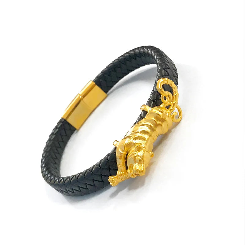 Fine Jewelry Real 18K Gold Twisted Leather Rope Leopard Bracelet for Man