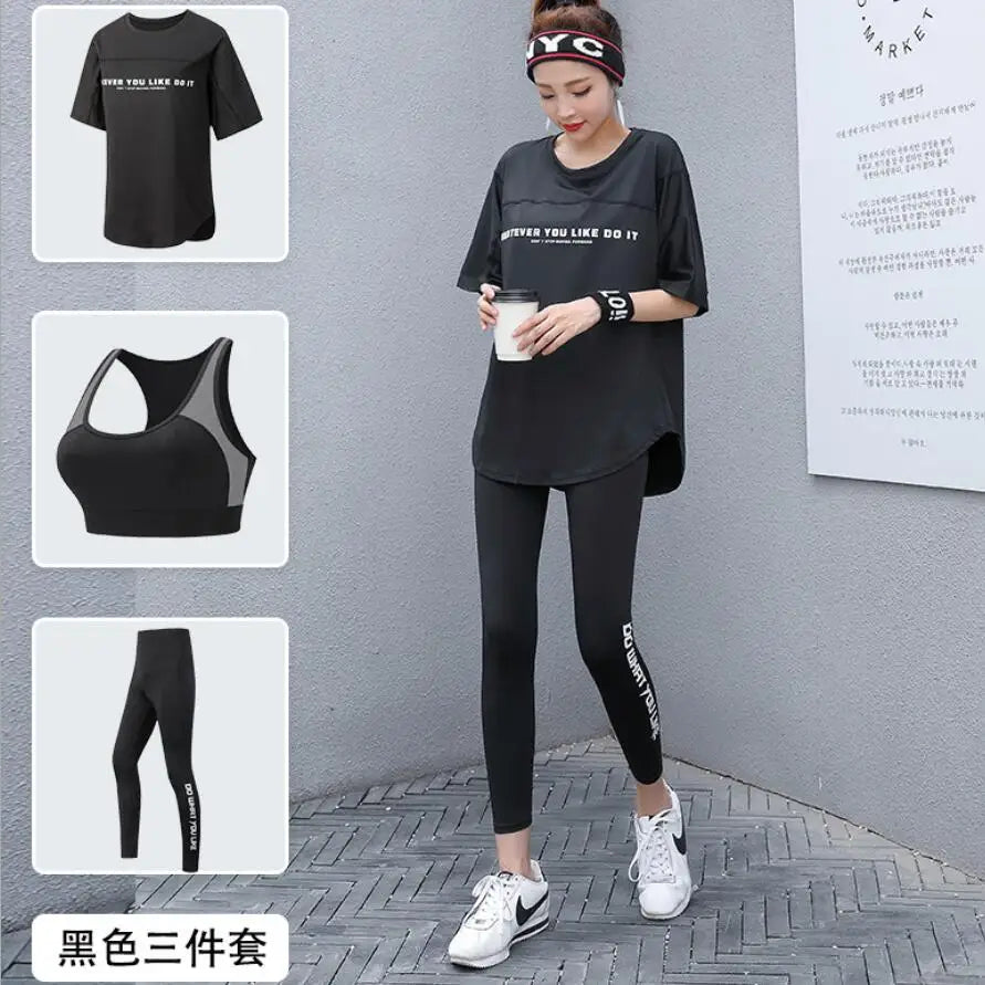 Plus Size Women Yoga Sets Loose T Shirt+Bra+Leggings Fitness Gym Suits Breathable Sports Running Clothing Tracksuit