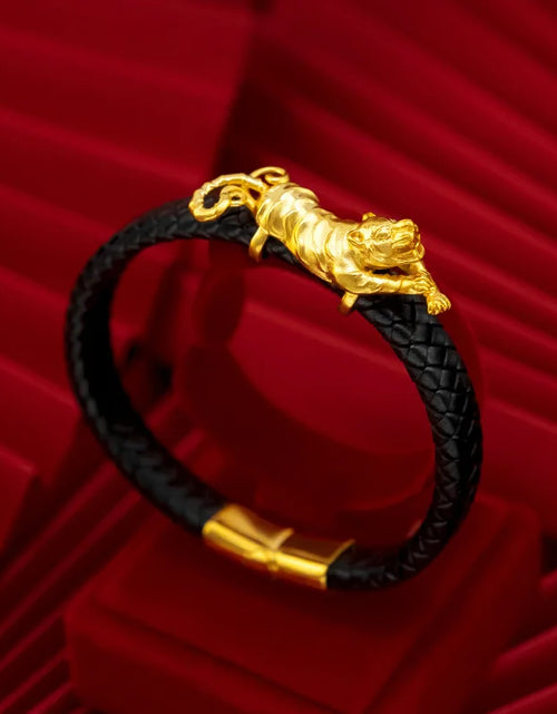 Load image into Gallery viewer, Fine Jewelry Real 18K Gold Twisted Leather Rope Leopard Bracelet for Man
