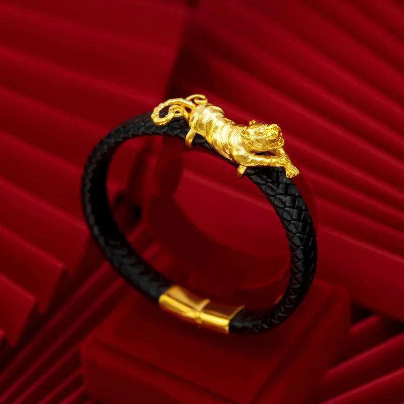 Fine Jewelry Real 18K Gold Twisted Leather Rope Leopard Bracelet for Man