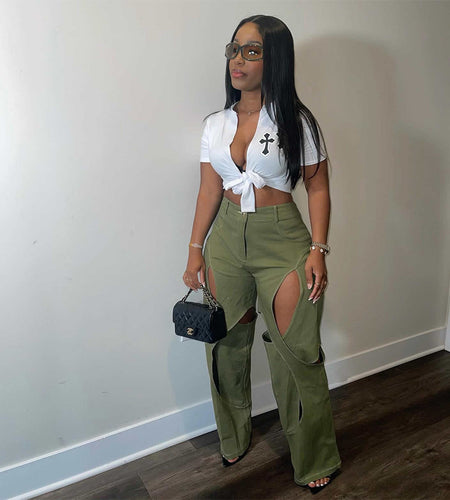 Patchwork Wide Leg Trousers for Women High Waist Button Zipper Closure Hollow Out Straight Leg Pants