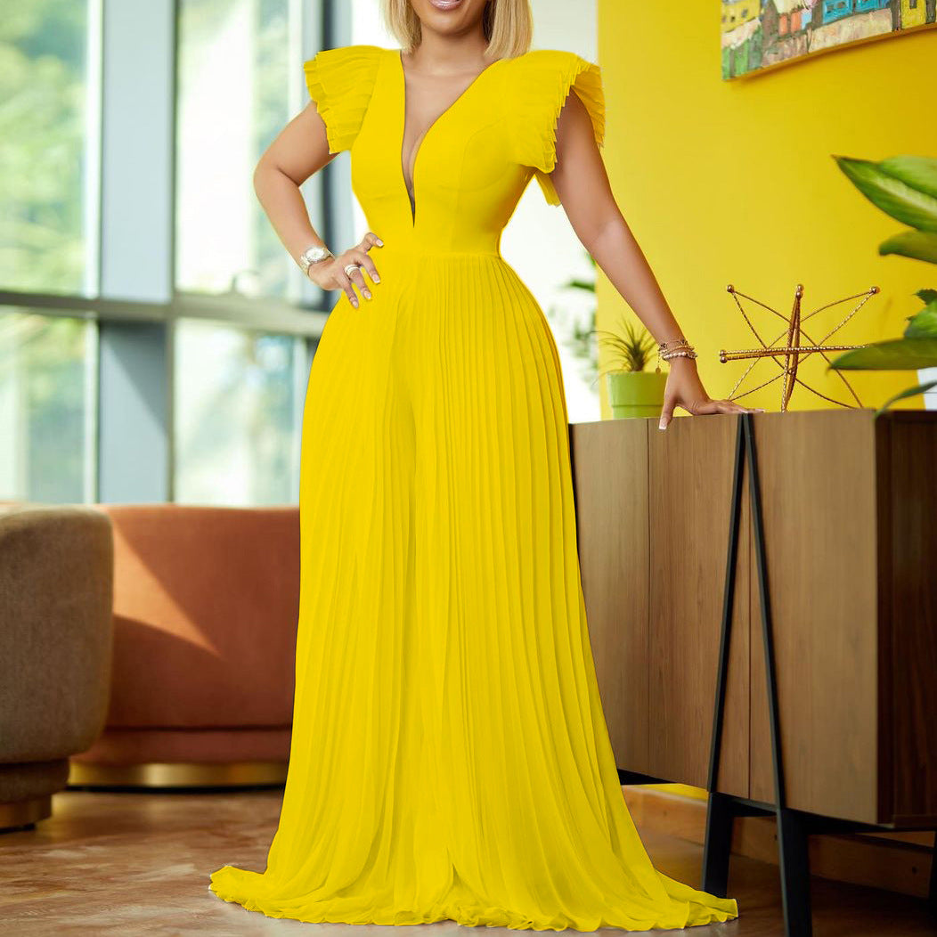 New Chiffon Pleated Short-Sleeve One-Piece Jumpsuit