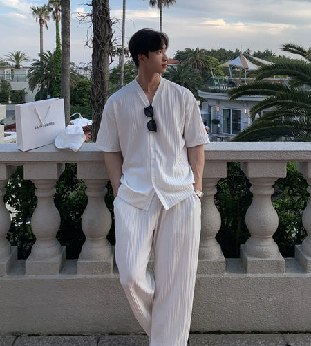 Summer Men's Loose Fashion Casual V-neck Short Sleeve T-shirt And Pants Drape Two-piece Sets Men Clothes