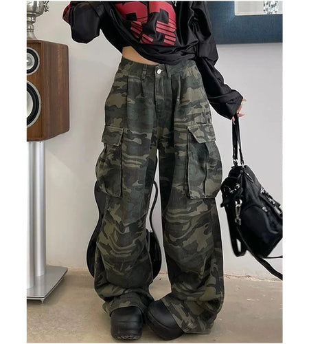 Military Green Women  Jeans High Waist Vintage  Baggy Wide Leg Denim Trouser