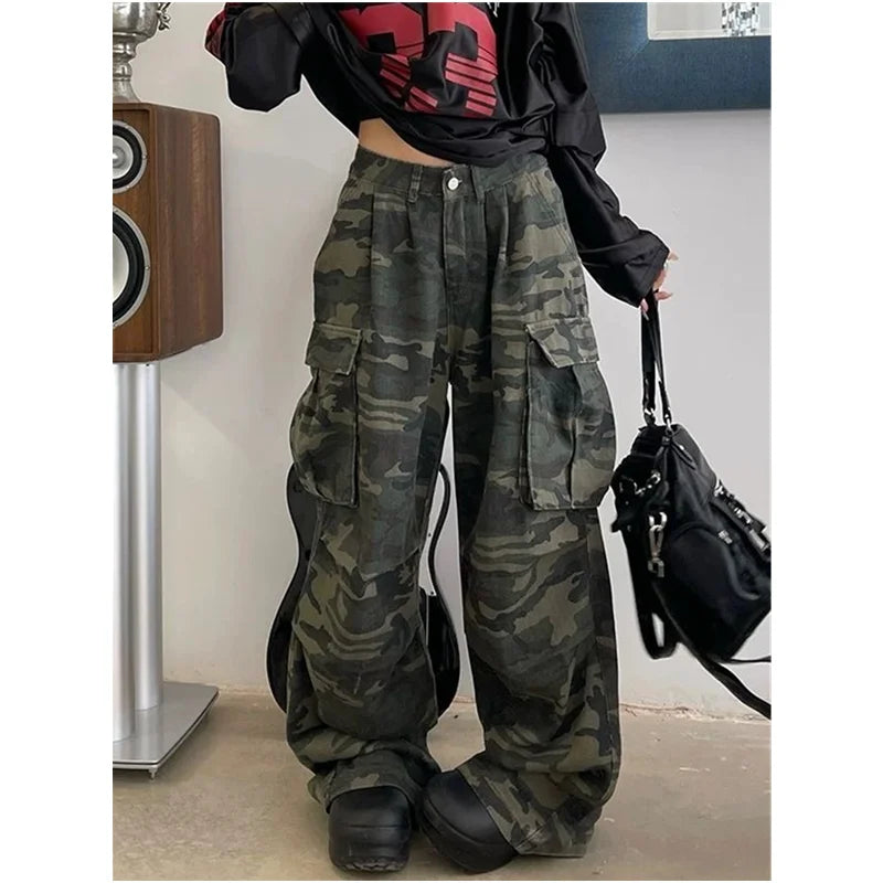 Military Green Women  Jeans High Waist Vintage  Baggy Wide Leg Denim Trouser