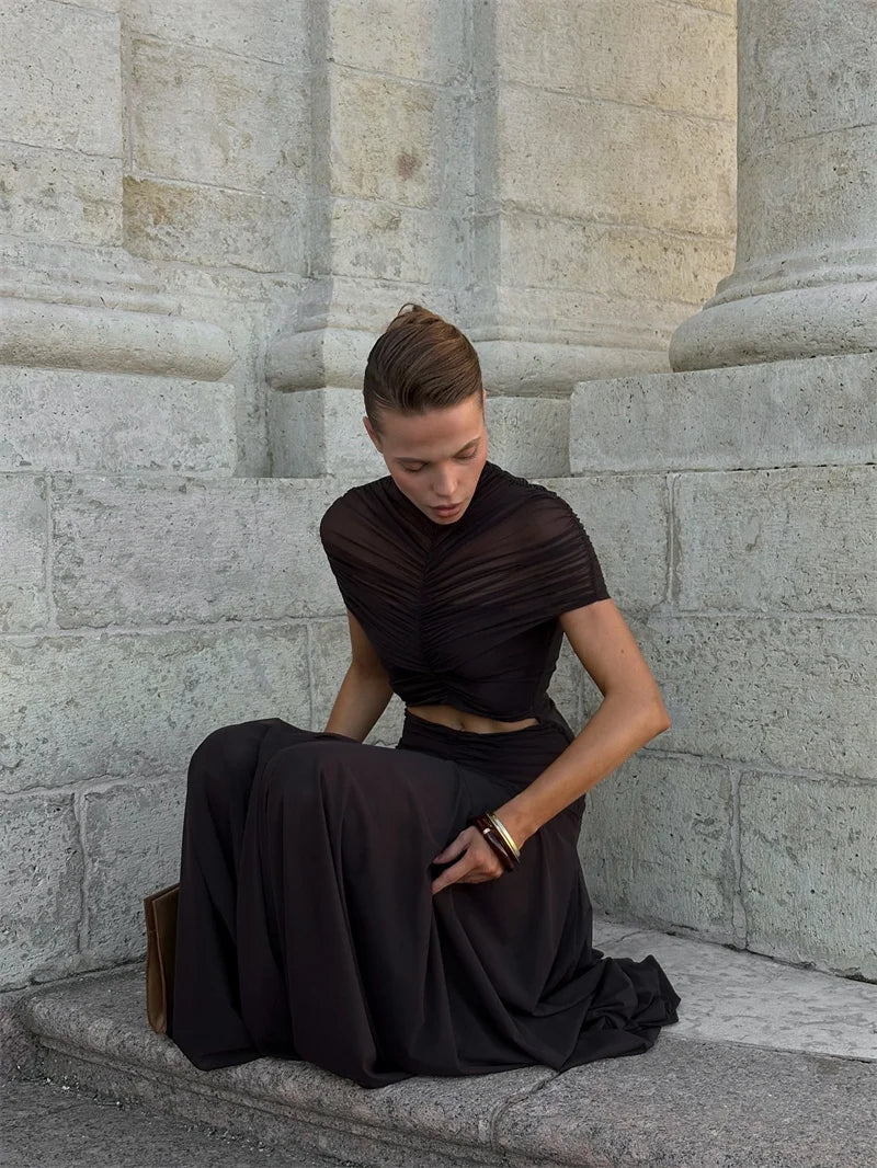 Hollow Out Short Sleeve Sexy Maxi Dress Women Fashion O Neck  High Waist Bodycon Club Party Long Dress