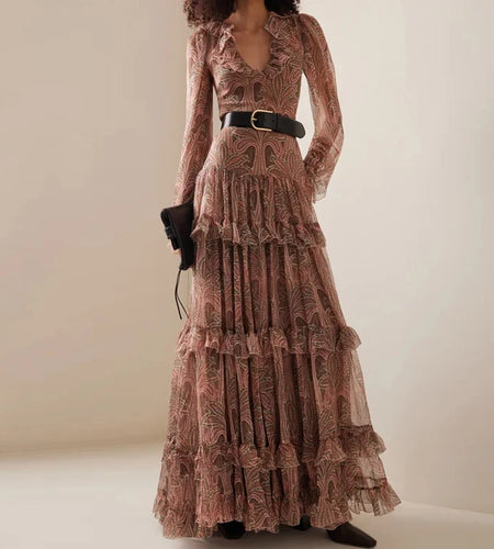 Casual Bohemia Dresses Elegant V-neck Ruffled High Waist Evening Dress Women Fashion Printed Mesh Pleated Long Dress