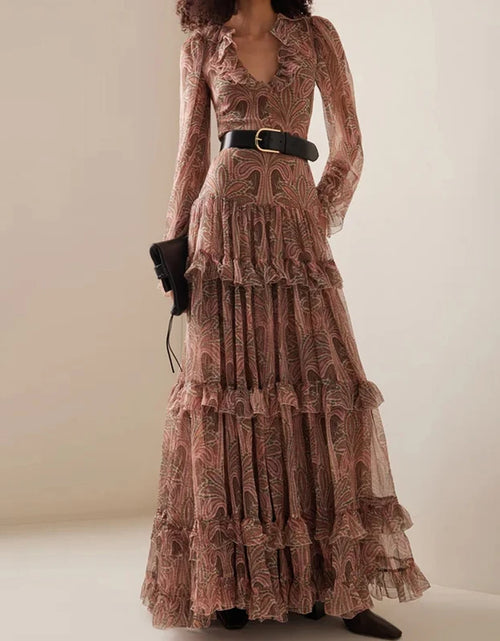Load image into Gallery viewer, Casual Bohemia Dresses Elegant V-neck Ruffled High Waist Evening Dress Women Fashion Printed Mesh Pleated Long Dress
