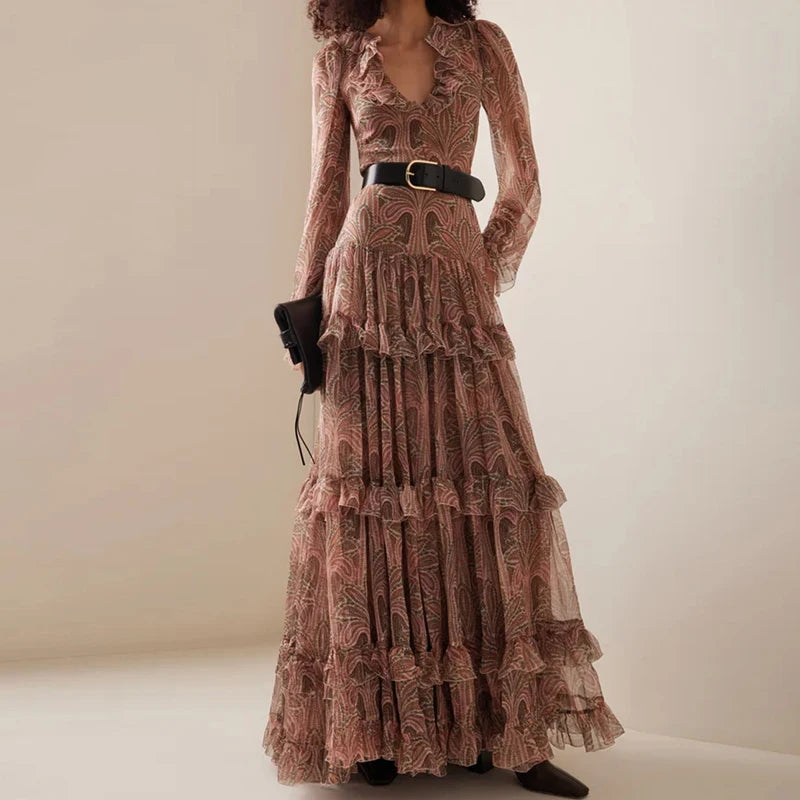 Casual Bohemia Dresses Elegant V-neck Ruffled High Waist Evening Dress Women Fashion Printed Mesh Pleated Long Dress
