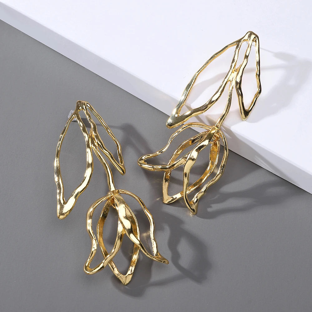 Modern Luxury Design Metal Geometric Flower Long Dangle Earrings For Women Trend Fashion Unique