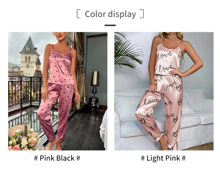 Women Satin Silk Pajamas Sets Letter Print Cami Vest Shirt With Trouser Sleepwear