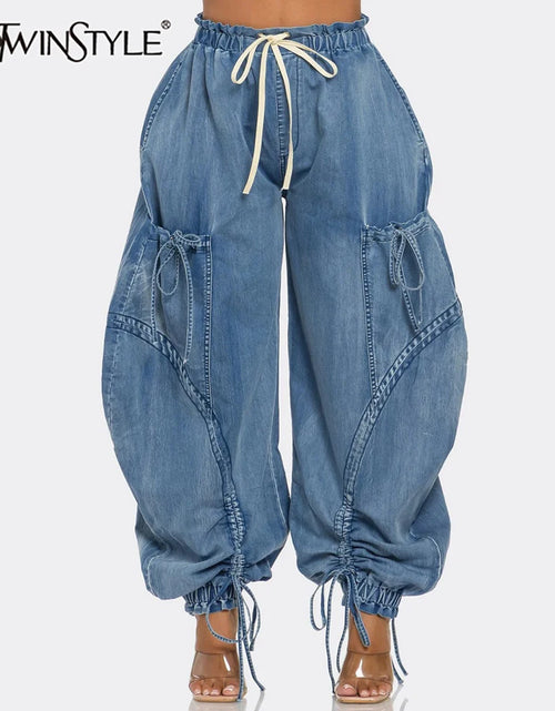 Load image into Gallery viewer, Women&#39;s High Waist Denim Spliced Lace-Up Jeans Drawstring Vintage Loose Fit Pants
