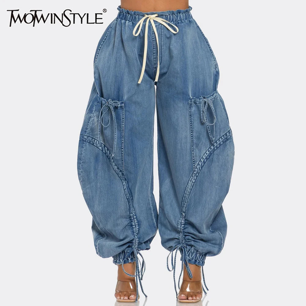 Women's High Waist Denim Spliced Lace-Up Jeans Drawstring Vintage Loose Fit Pants