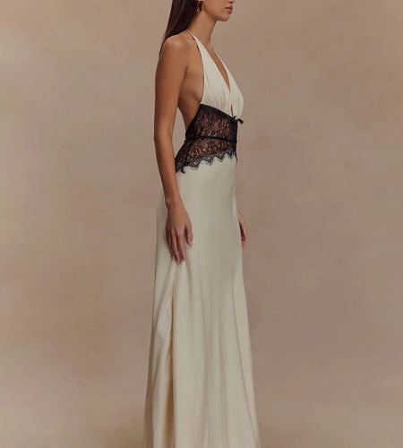 Summer Sexy Maxi Dress Women's Backless Lace Halter Deep V Neck Sleeveless High Waist Elegant Long Gown Floor-Length Polyester
