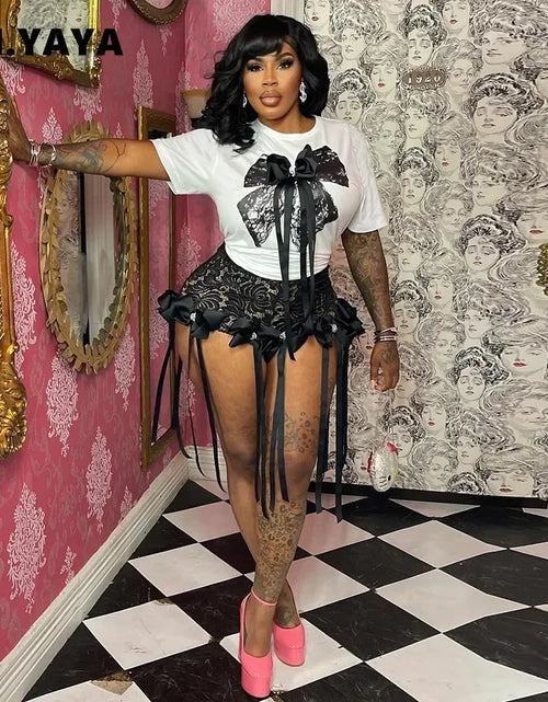 Load image into Gallery viewer, Women&#39;s Set Bow O-Neck short sleeve Tops and lace Shorts Set Casual Two 2 Piece Outfits
