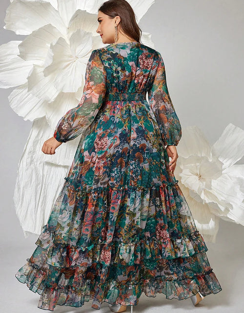 Load image into Gallery viewer, 2025 Plus Size Women&#39;s Floral Print V-Neck Lantern Sleeve Maxi Dresses
