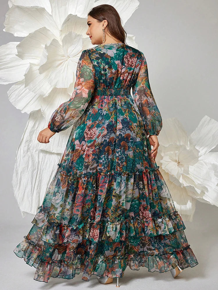 2025 Plus Size Women's Floral Print V-Neck Lantern Sleeve Maxi Dresses