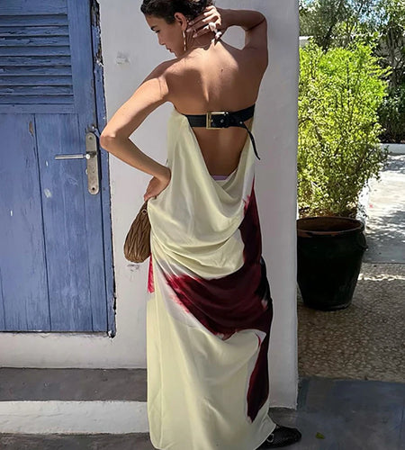 Sexy Strapless Print Floral Belt Women Maxi Dress Yellow Backless Vacation Dress Loose