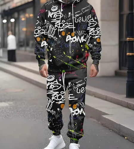 Men's hoodie set features a casual fashionable and comfortable 3D graffiti pattern print