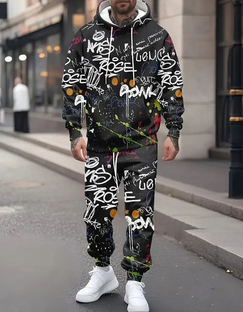Load image into Gallery viewer, Men's hoodie set features a casual fashionable and comfortable 3D graffiti pattern print
