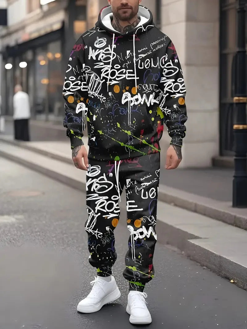 Men's hoodie set features a casual fashionable and comfortable 3D graffiti pattern print