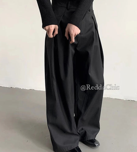 Men's Pleated Front Wide Leg Pants Clean fit Black Solid Low Waist Dressy Trousers