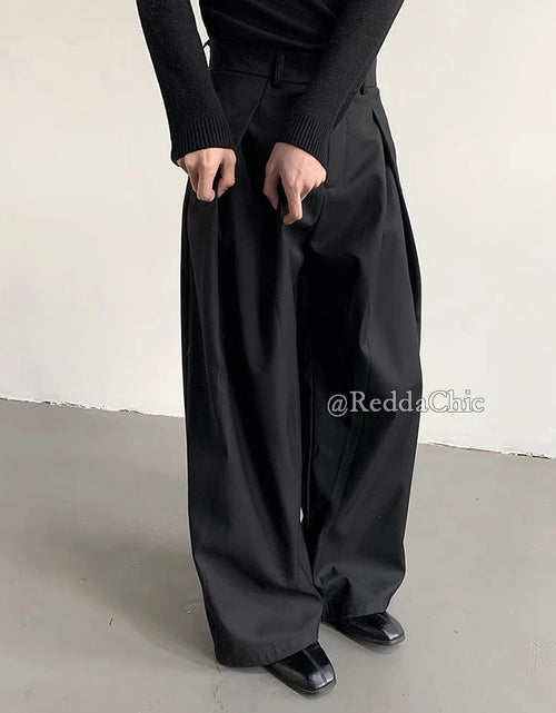 Load image into Gallery viewer, Men's Pleated Front Wide Leg Pants Clean fit Black Solid Low Waist Dressy Trousers

