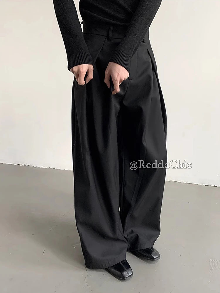 Men's Pleated Front Wide Leg Pants Clean fit Black Solid Low Waist Dressy Trousers