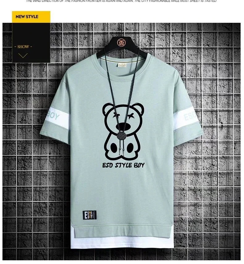 Men's Oversize T-Shirt Short Sleeve Korean Style Streetwear Harajuku Print Casual O-Neck Polyester Top for Spring And Summer