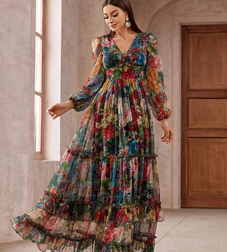 New Casual Elegant Bo ho  Dress Women's Vintage Floral Print Long Sleeve Frill Trim Maxi Dress