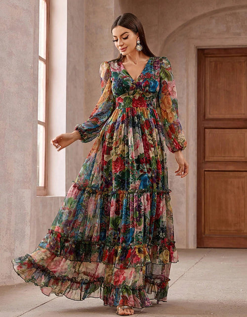 Load image into Gallery viewer, New Casual Elegant Bo ho  Dress Women&#39;s Vintage Floral Print Long Sleeve Frill Trim Maxi Dress
