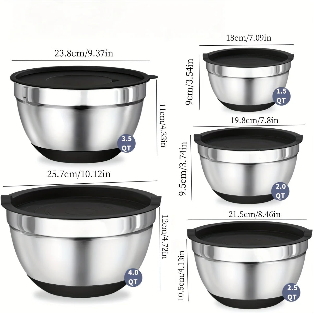 8pcs Mixing Bowls with Airtight Lids Stainless Steel Mixing Bowl Set, Attachments  Bottoms, Black Kitchen Bowls, Baking Serving