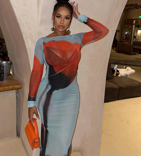 See Through Dress Women Rose Print Sexy Mesh  Trend Skinny Elastic Spandex Long Sleeve Side Split Maxi Bodycon