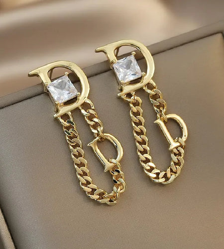 New Design Fashion Jewelry Chain Tassel Letter D Square Zircon Earrings